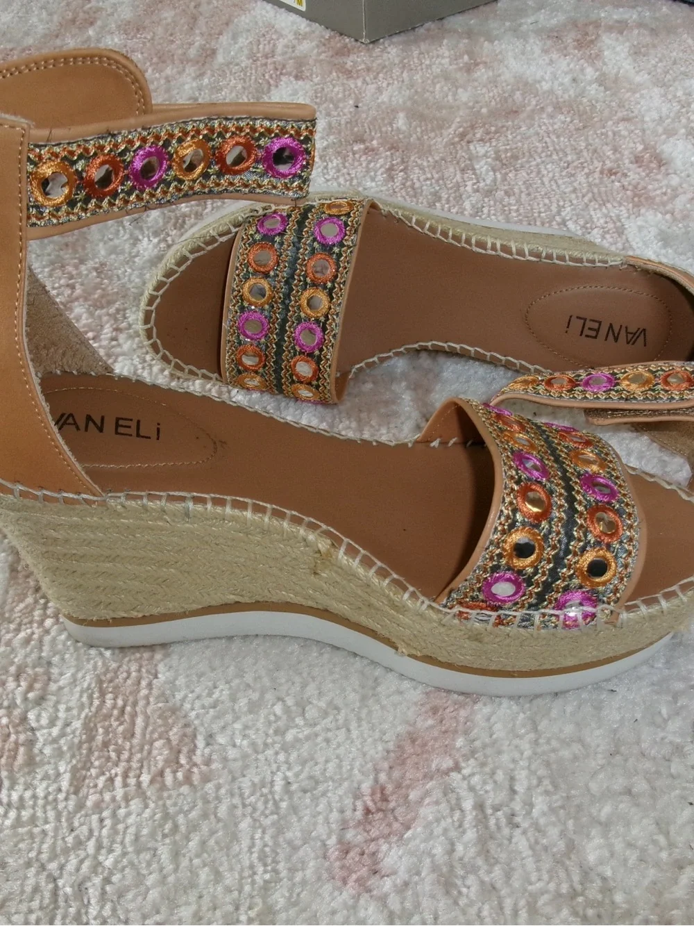 Vaneli Pink and Orange Beaded Espadrille Wedge Sandals